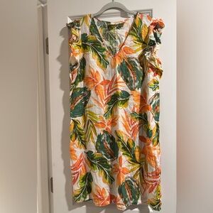 Nicole Miller White Tropical Leaf Mini Dress with Green and Orange Print